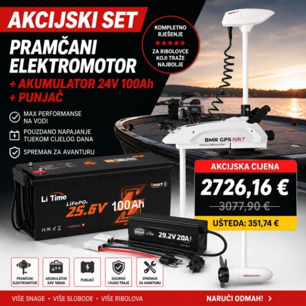 Akcijski set Rhino BLX 95 BMR GPS NXT XL elektromotor s LiTime 24V 100Ah LiFePO4 baterijom i punjačem za čamac i ribolov