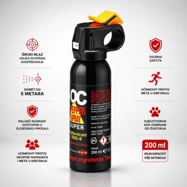 KKS CS 5000 SSG-8 suzavac 200 ml sa širokim mlazom i dometom do 5 metara za osobnu zaštitu i sigurnost.