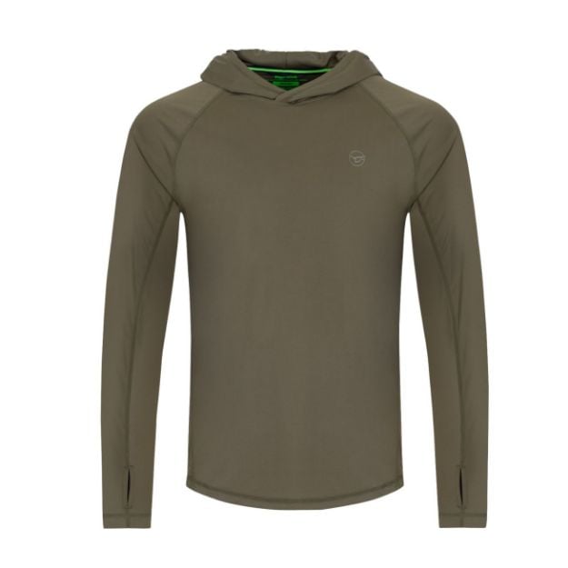Korda UPF UV majica Dark Khaki s UPF 50 zaštitom, kapuljačom i dugim rukavima za ribolov i aktivnosti na otvorenom.