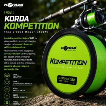 Korda Kompetition šaranski najlon 1000 m za ribolov na velikim udaljenostima s izvrsnom vidljivošću, velikom otpornošću i preciznim dalekim izbačajima.