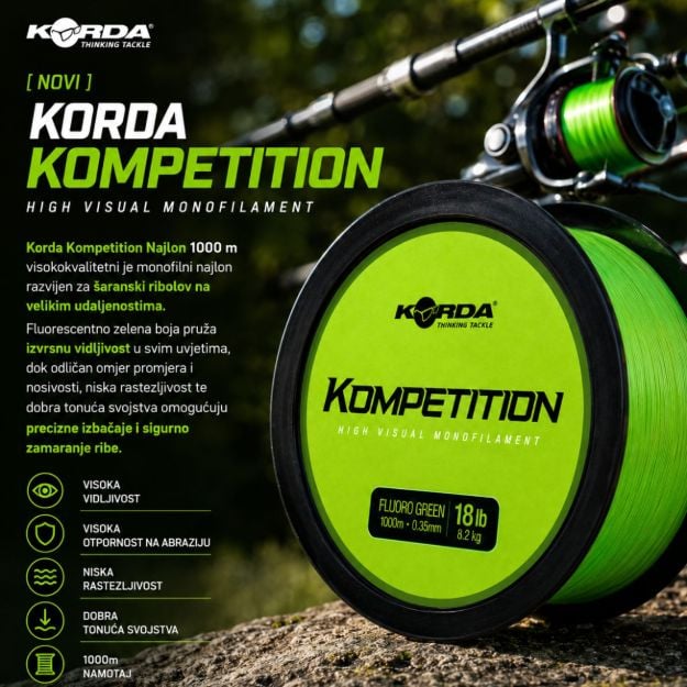 Korda Kompetition šaranski najlon 1000 m za ribolov na velikim udaljenostima s izvrsnom vidljivošću, velikom otpornošću i preciznim dalekim izbačajima.